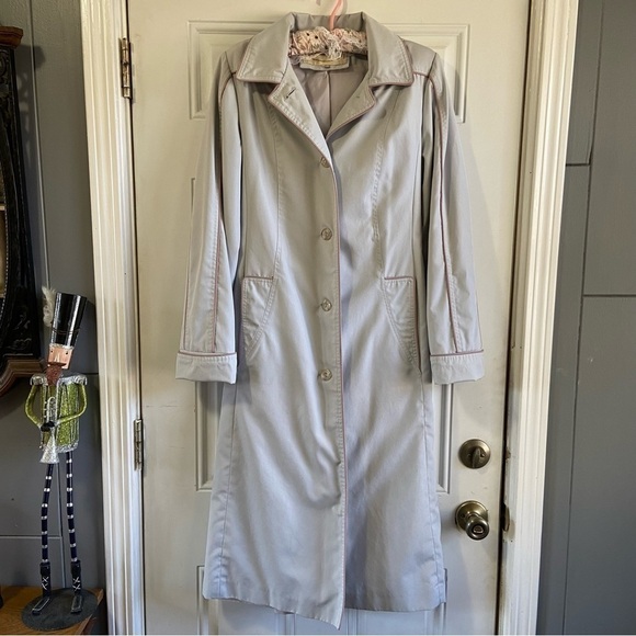 Vintage Freddi Gail Trench Coat Waist Tie Hooded Lined Blue Purple Trim Size 9 - Picture 4 of 10